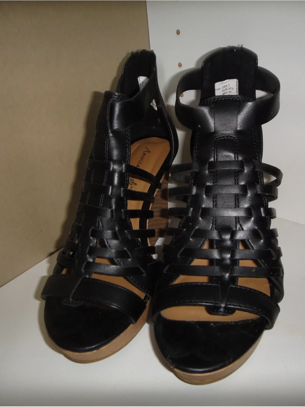 American Eagle Outfitters Black Strappy Wedge Sandals with Tan Wedge